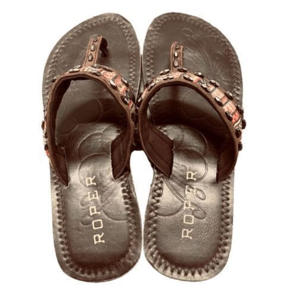 Roper Brown Leather Padded Western-Inspired Striped T-Strap Sandals — SZ 6.5 EUC